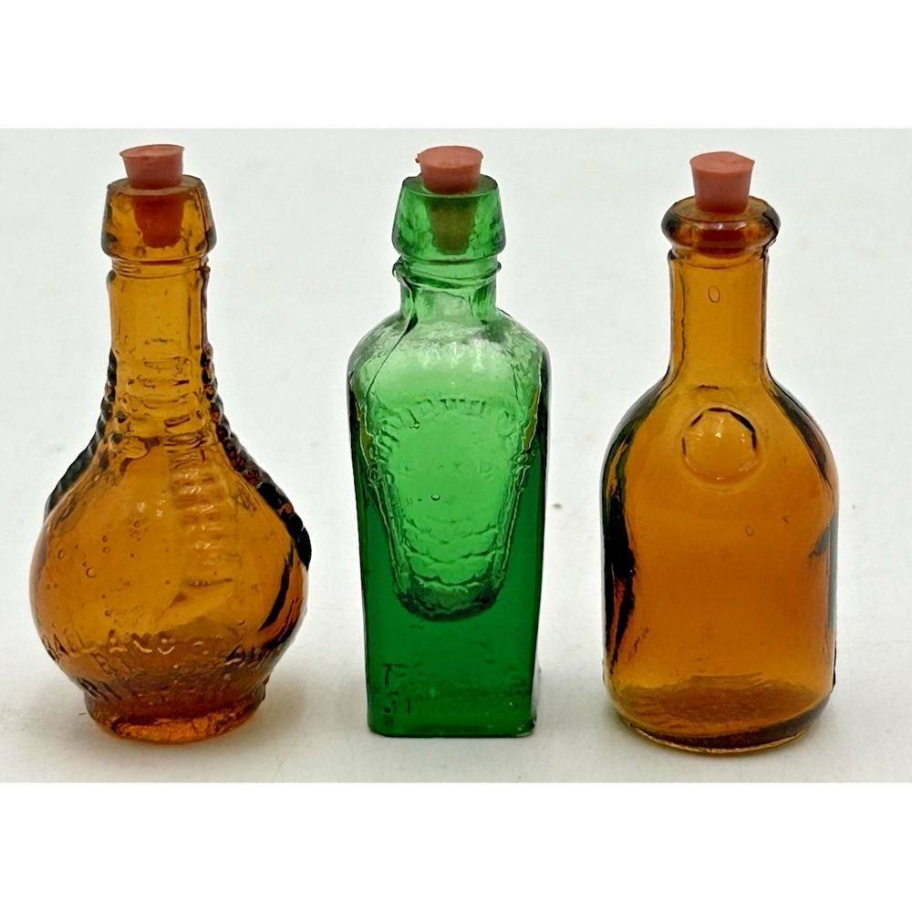 3 Vtg Taiwan Mini Glass Bottles Treelite Elixer Ball And Claw Bitters Apothecary